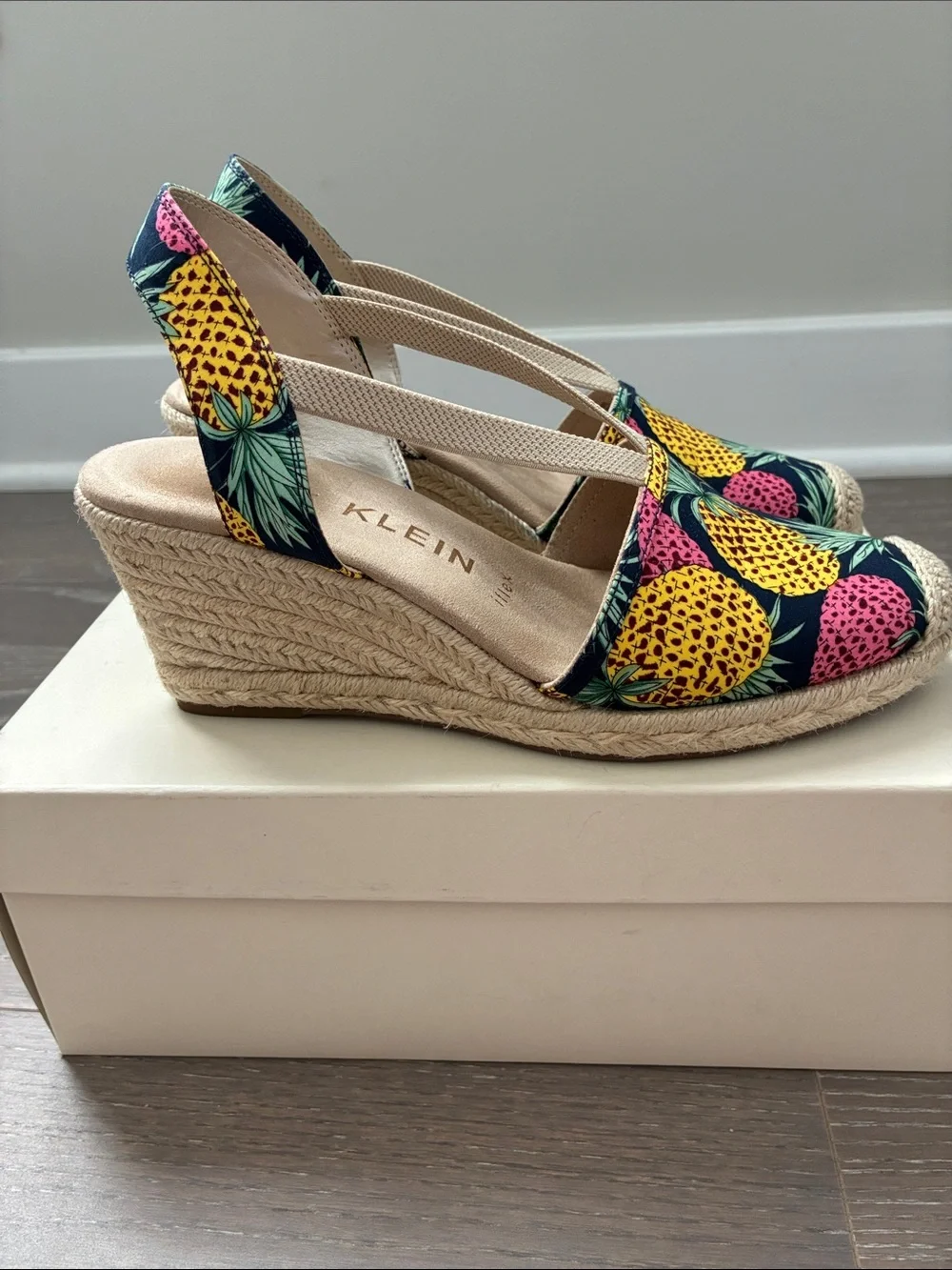 Anne Klein Navy Pineapple Print Espadrille Slingback Wedges